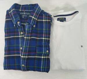 Polo Ralph Lauren Bundle: Custom Fit Blue Plaid Flannel Shirt & White Long Sleev